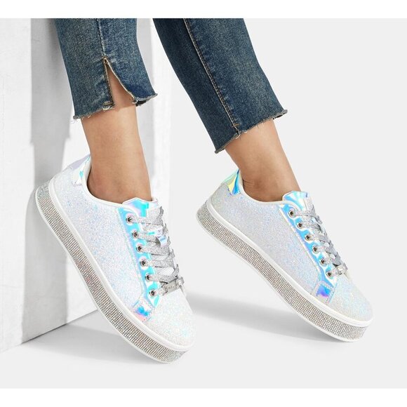 LUCKY STEP Womens White Glitter Sneakers Sparkly Bedazzled Wedding Bridal Shoes - Picture 4 of 9